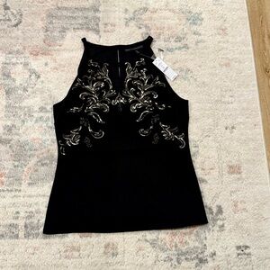 White House Black Market Black and Silver Embroidered Blouse